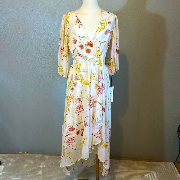 NEW Calvin Klein women’s puff sleeve v-neck floral ruffle overlap dress size 2 - Picture 1 of 14